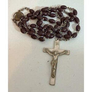 Vintage Catholic Rosary Emergency ID Crucifix Wood Beads INRI Silver tone metal